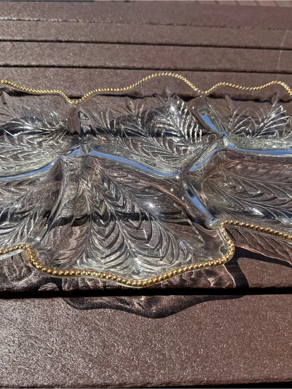 Clear Glass Leaf Serving Tray with Gold Beaded Rim